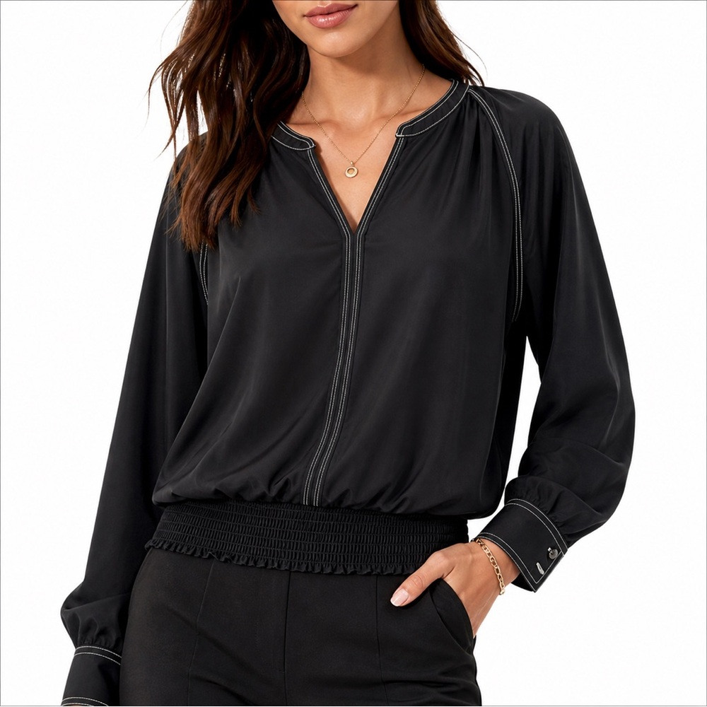 Karl Lagerfeld Paris Black Blouse Contrast Stitch Smocked Hem XL